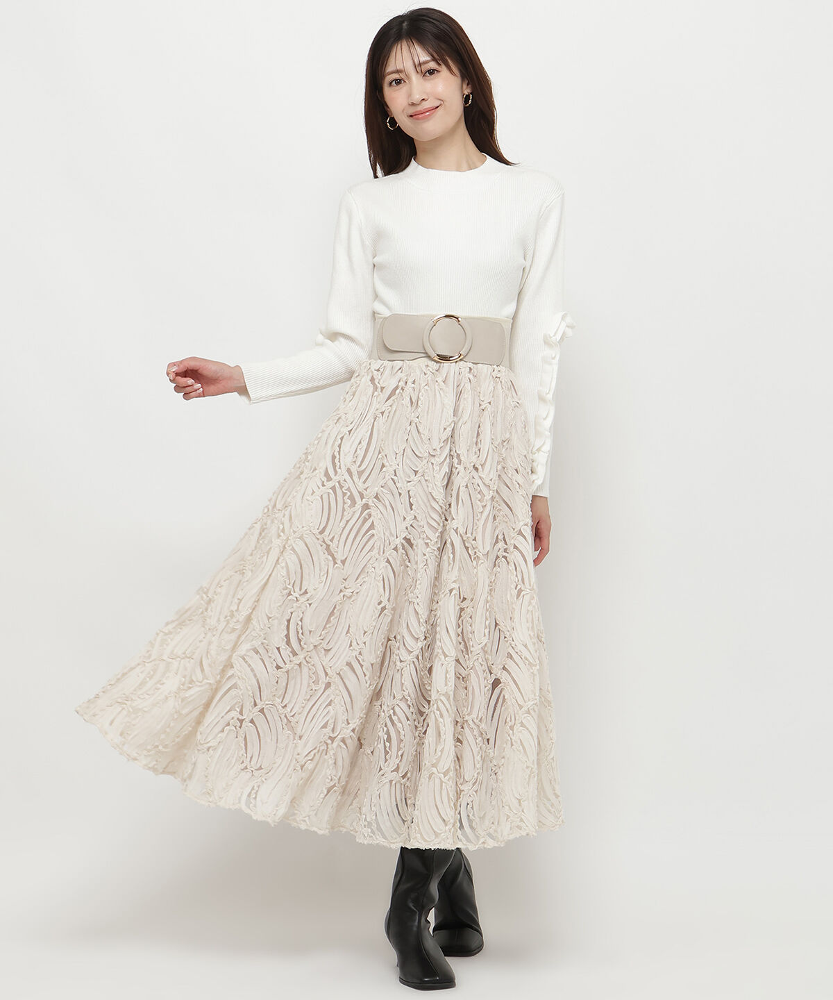 アンドクチュール「ウエストリブコード刺しゅうロングスカート」|フレア|