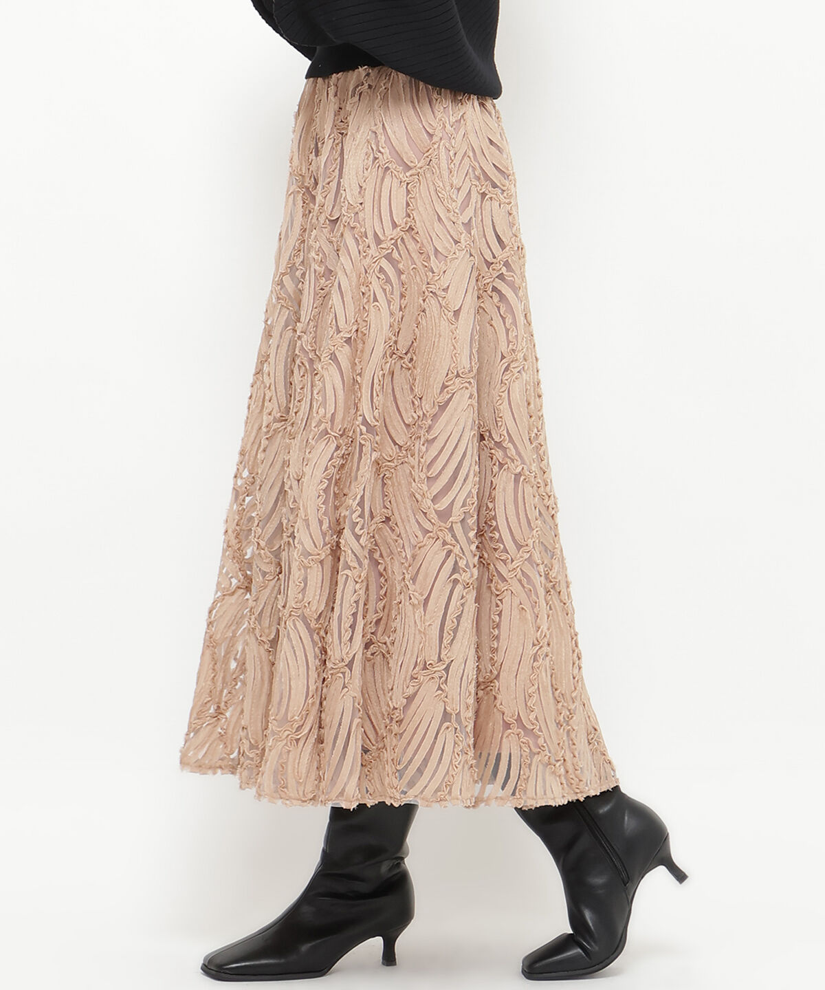 アンドクチュール「ウエストリブコード刺しゅうロングスカート」|フレア|