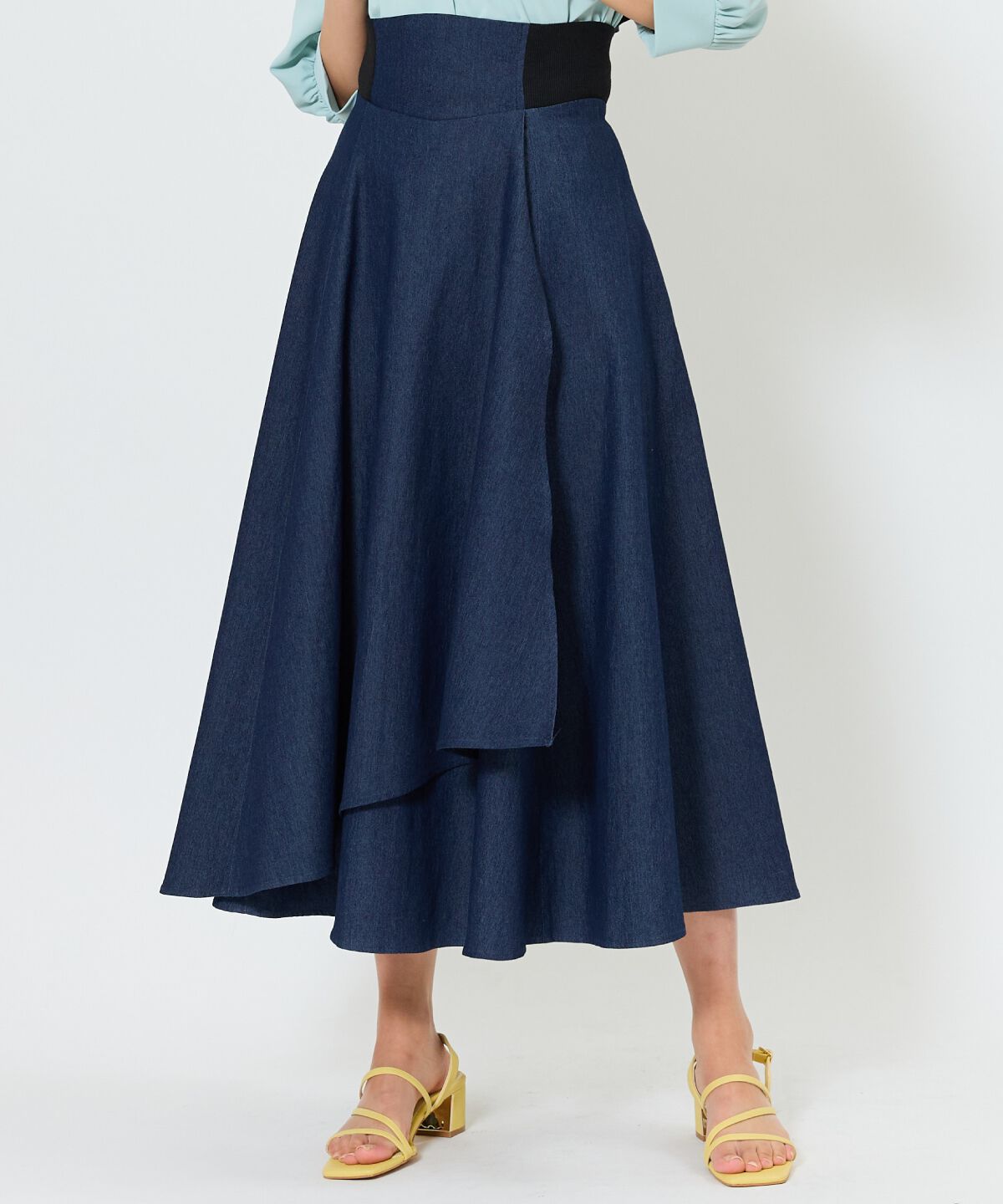 アンドクチュール「デニムライクサイドリブスカート」|フレア|ネイビー