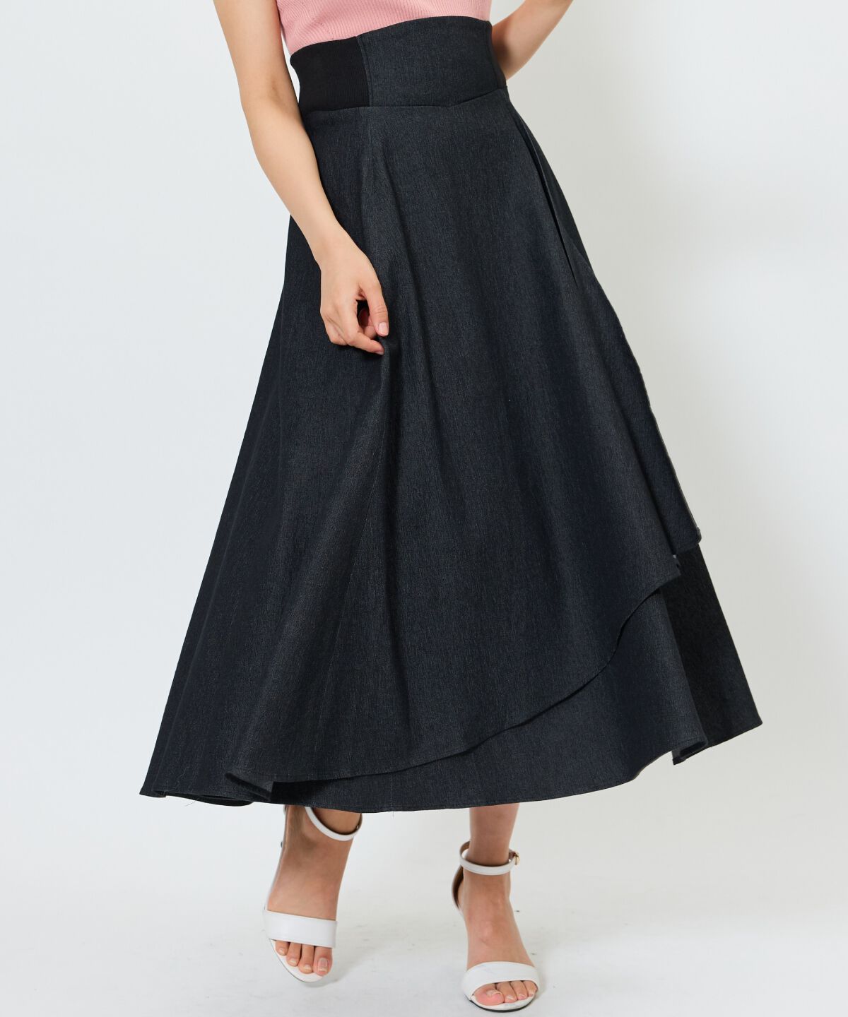 アンドクチュール「デニムライクサイドリブスカート」|フレア|ブラック