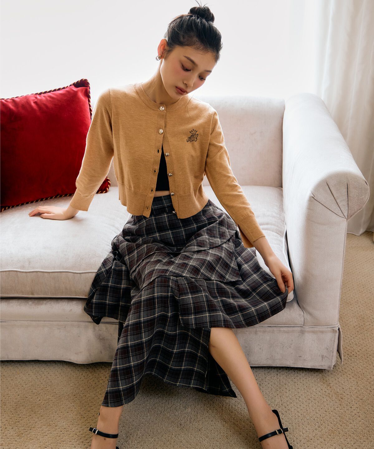 アンドクチュール「チェックアシメティアードスカート」|フレア|赤系チェック