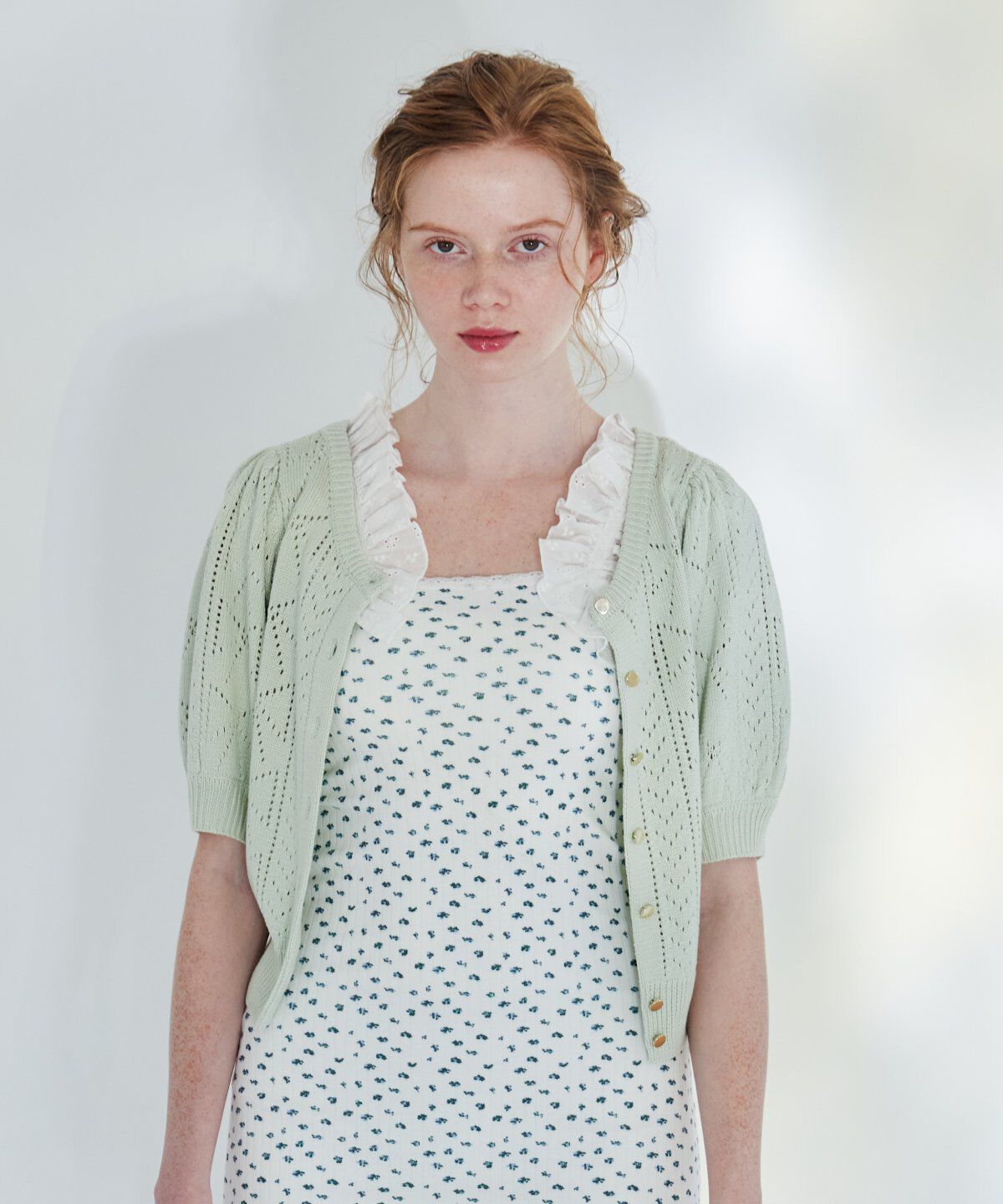 REDYAZEL「リボン柄クロシェ半袖カーディガン」|カーディガン|