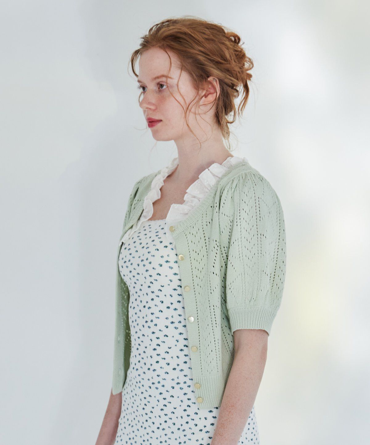 REDYAZEL「リボン柄クロシェ半袖カーディガン」|カーディガン|