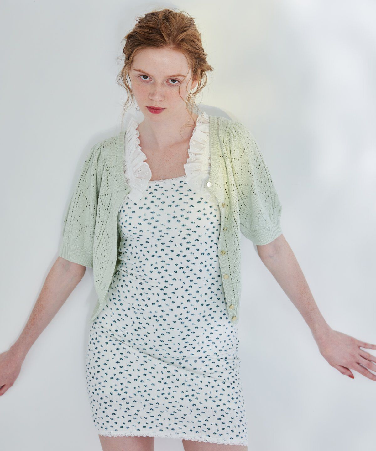 REDYAZEL「リボン柄クロシェ半袖カーディガン」|カーディガン|