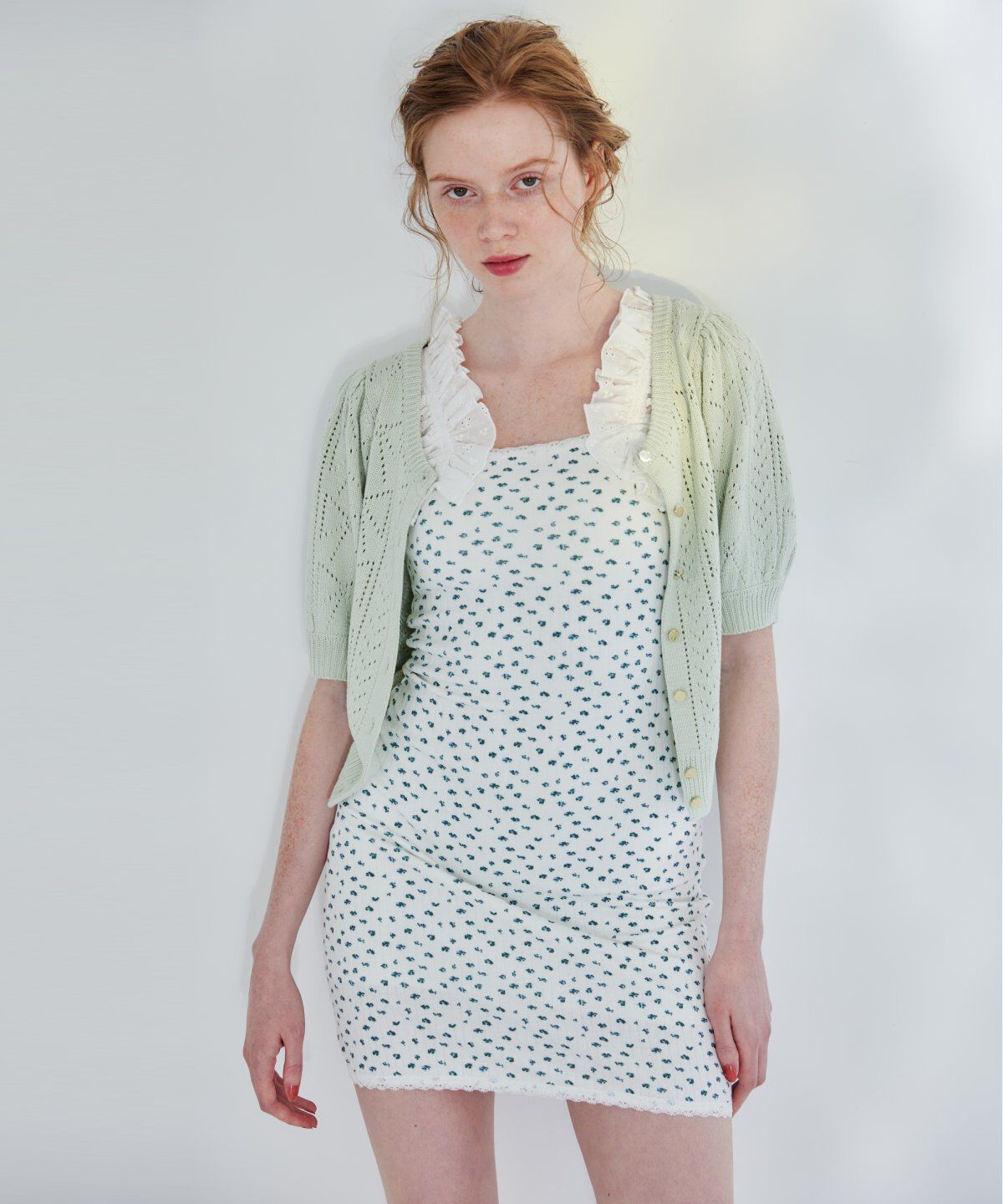 REDYAZEL「リボン柄クロシェ半袖カーディガン」|カーディガン|