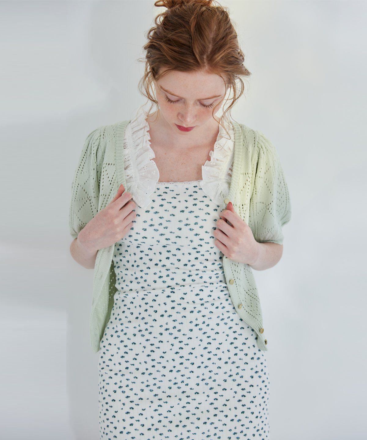 REDYAZEL「リボン柄クロシェ半袖カーディガン」|カーディガン|