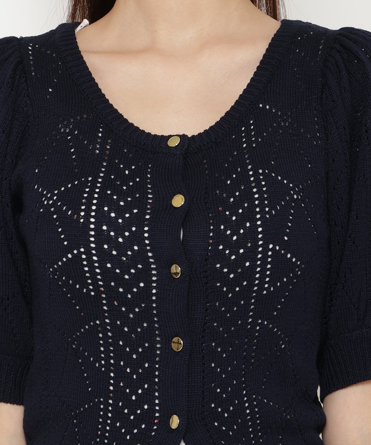 REDYAZEL「リボン柄クロシェ半袖カーディガン」|カーディガン|