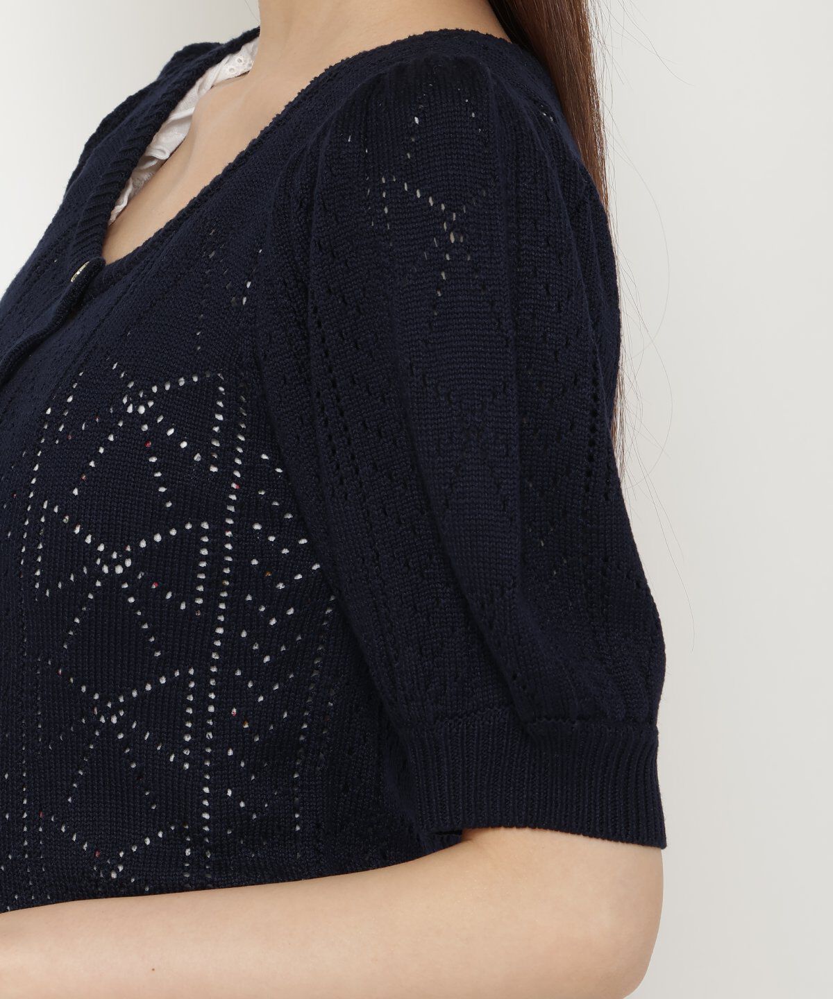 REDYAZEL「リボン柄クロシェ半袖カーディガン」|カーディガン|