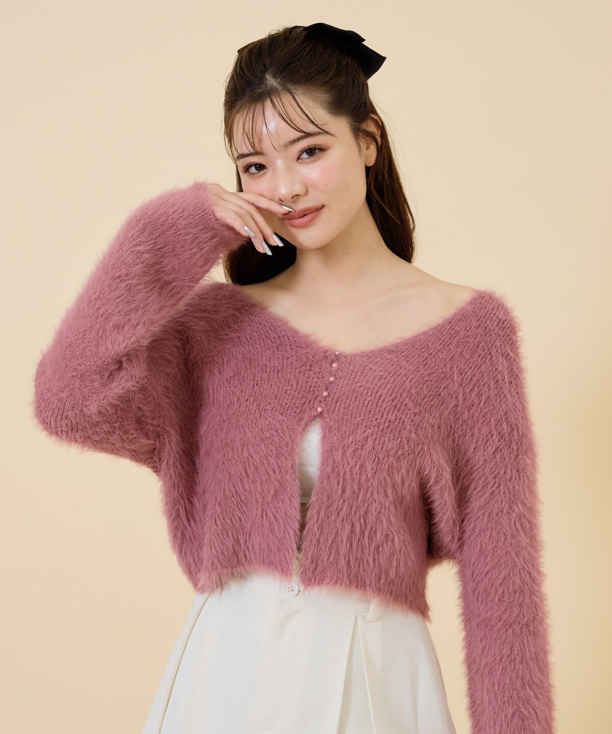 REDYAZEL「ミニパールボタンシャギーカーディガン」|カーディガン|