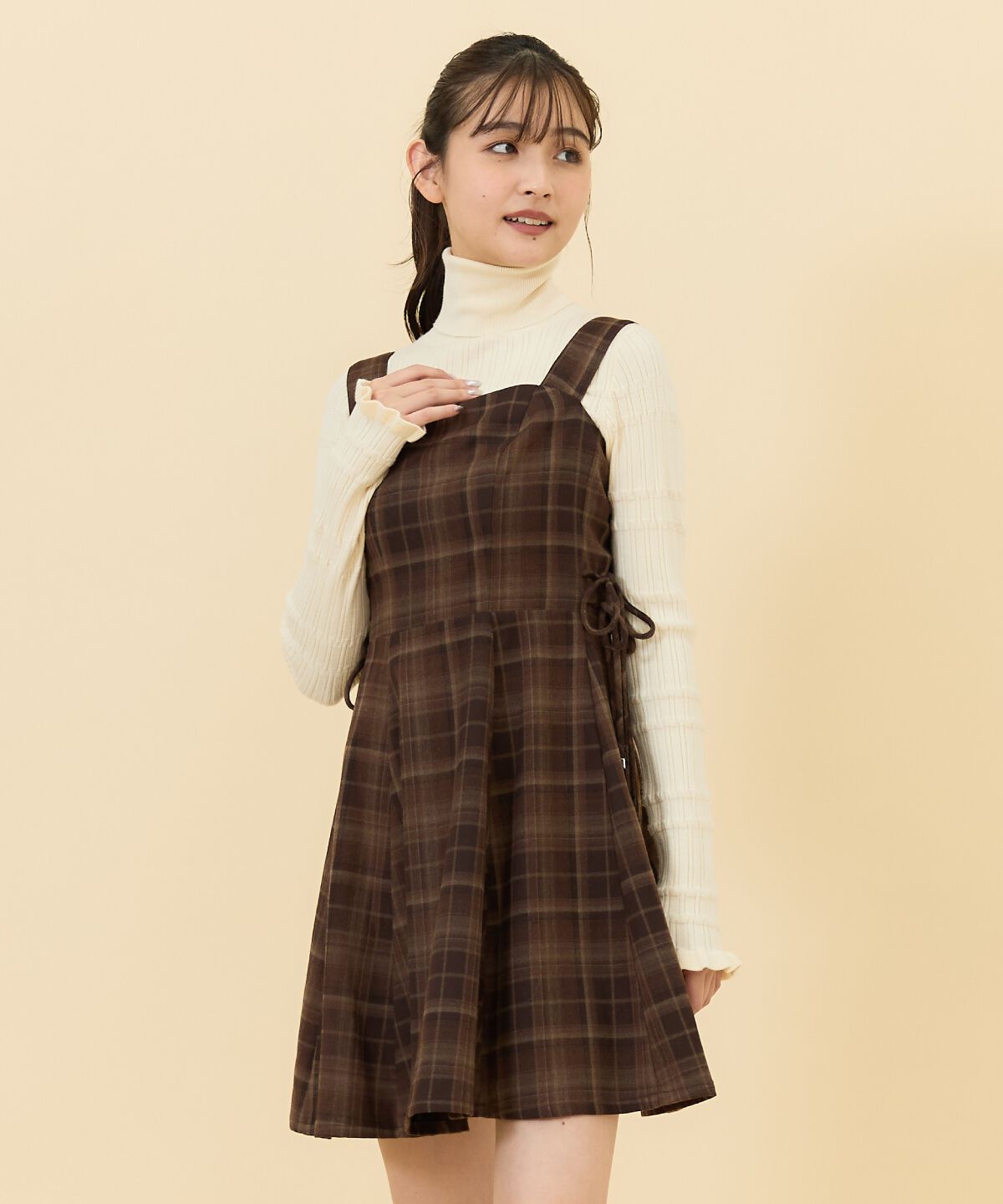 REDYAZEL「チェックサイドダブルリボンワンピース」|ワンピース|キャメル