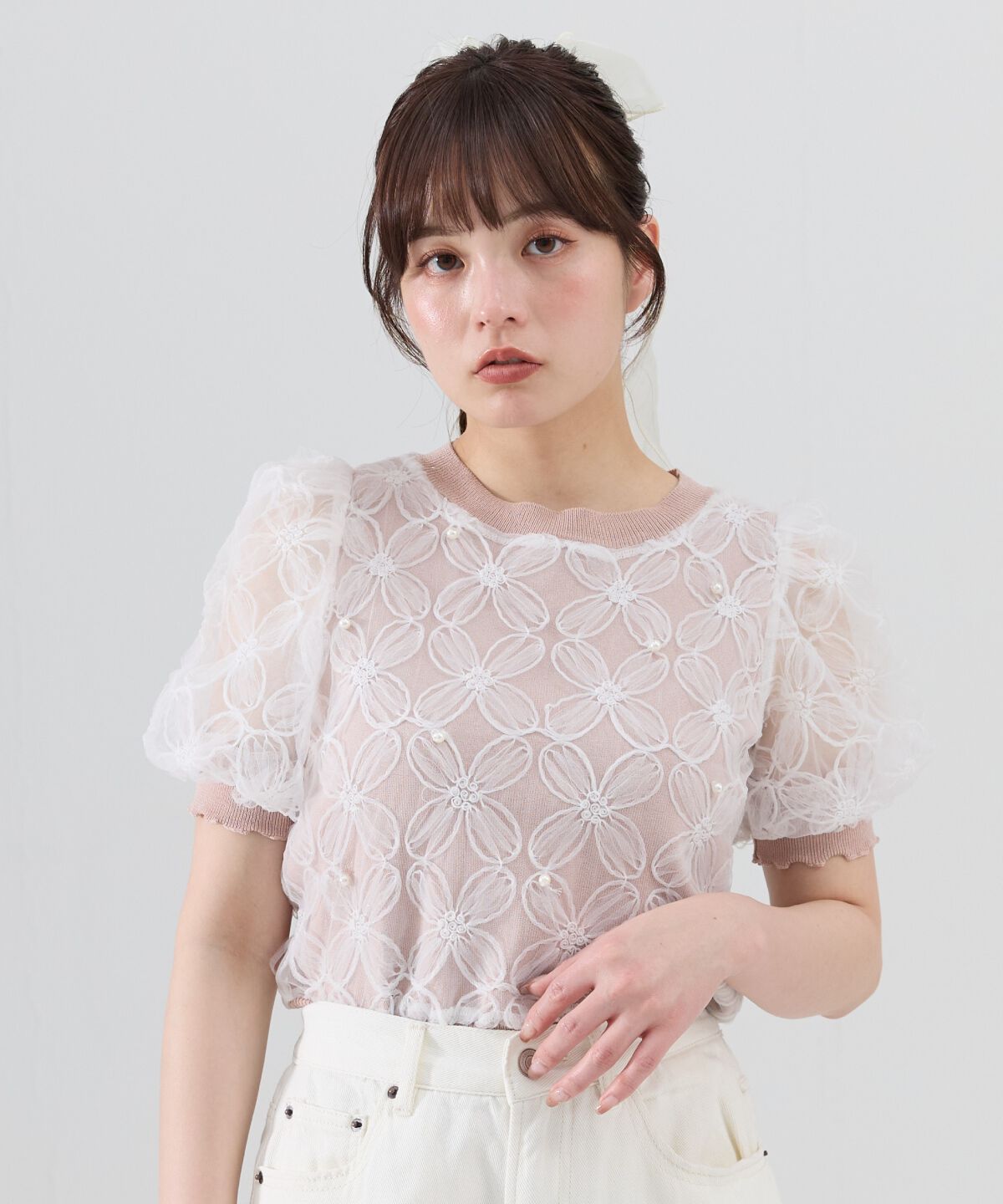 REDYAZEL「フラワーチュールドッキングニットトップス」|ニット・セーター|ピンク