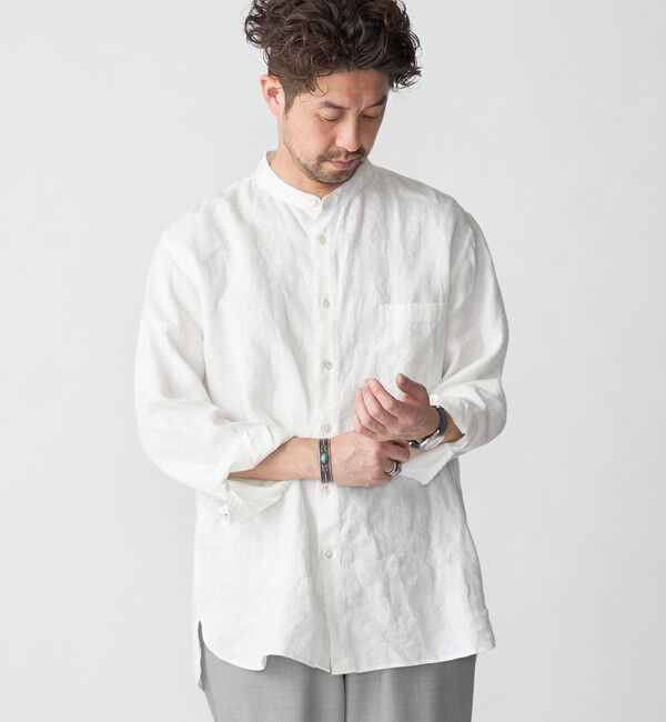 SHIPS「SHIPS: リネン キャンバス リラックスフィット バンドカラーシャツ」|シャツ・ブラウス|ホワイト