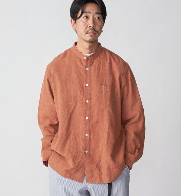 SHIPS「SHIPS: リネン キャンバス リラックスフィット バンドカラーシャツ」|シャツ・ブラウス|オレンジ