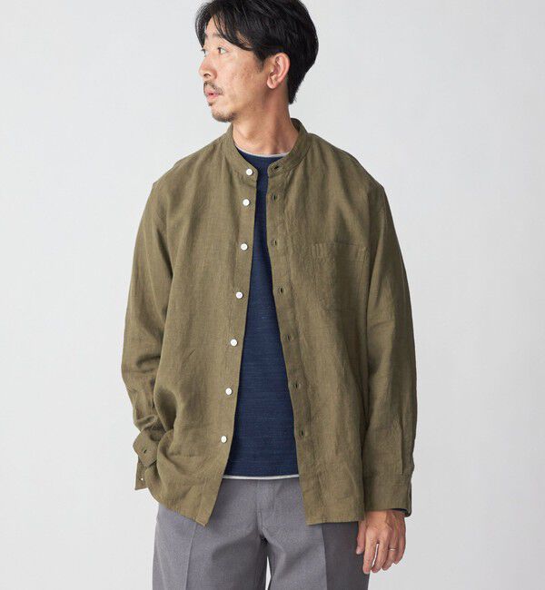 SHIPS「SHIPS: リネン キャンバス リラックスフィット バンドカラーシャツ」|シャツ・ブラウス|オリーブ