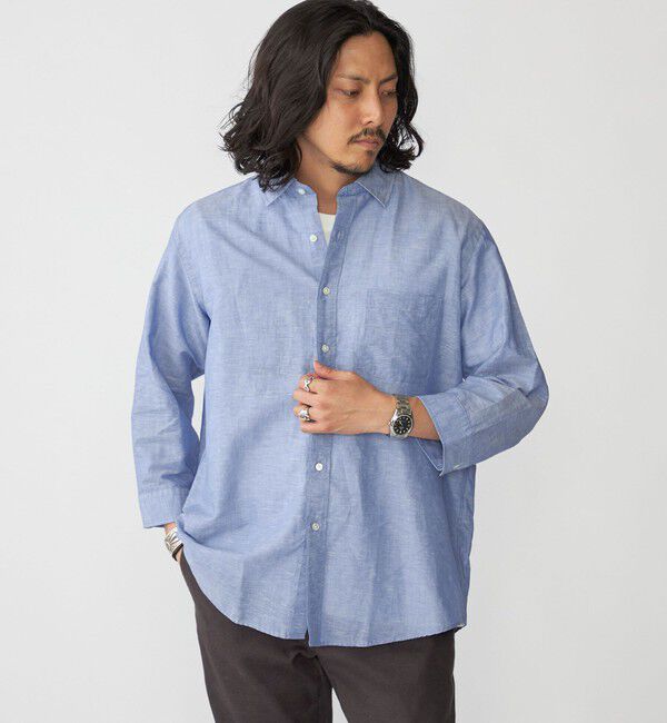 SHIPS「SHIPS: Herdmans コットン/リネン 7スリーブシャツ」|シャツ・ブラウス|ライトブルー