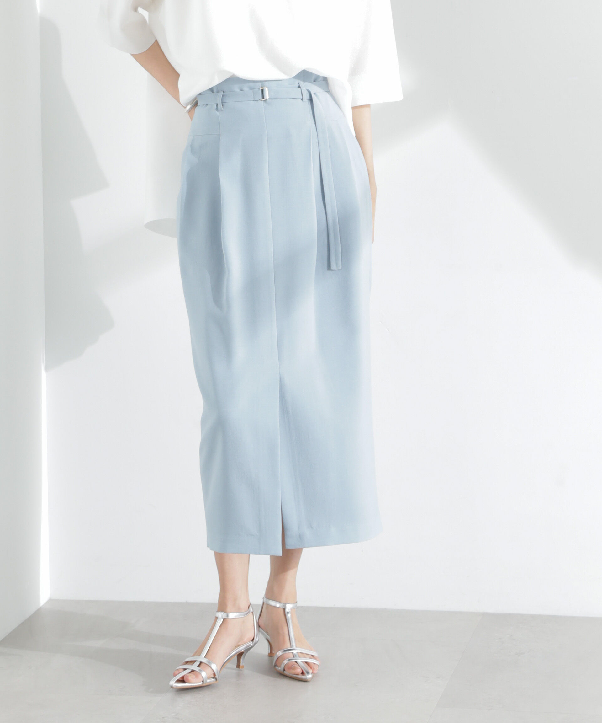 nano･universe「メランジドライ ベルト付きソフトコクーンスカート(セットアップ可)」|スカート|L.ブルー1