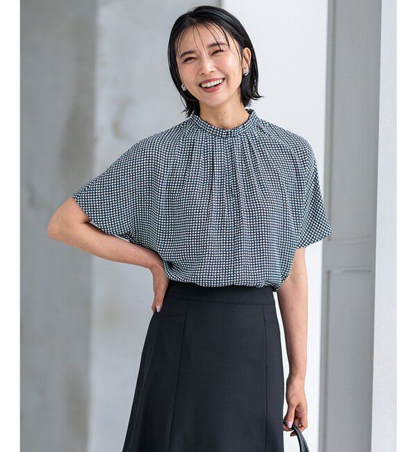 23区「【洗える】ライトバックサテンアムンゼン ハウンドトゥース プリント ブラウス」|シャツ・ブラウス|ネイビー系