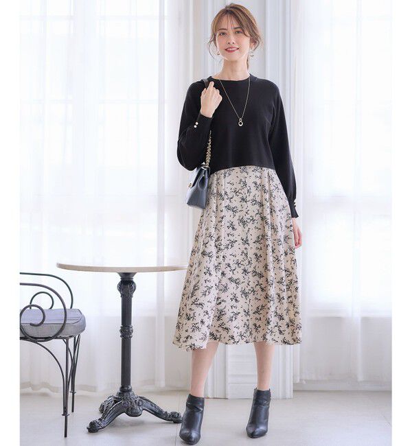 ANY SIS「【美人百花10月号掲載】ドルマンニット&times;プリントワンピース セット」|ドレス|