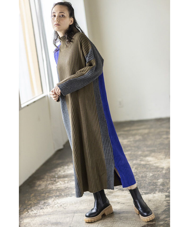  「配色ハイネックリブニットワンピース」|ワンピース|