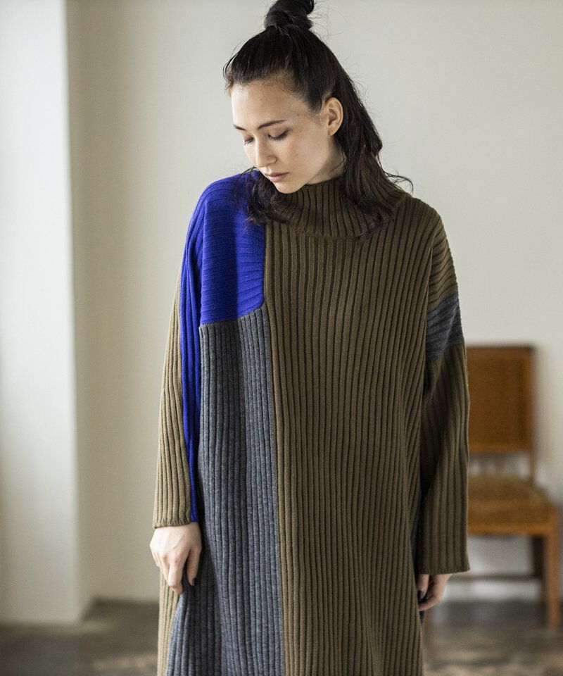  「配色ハイネックリブニットワンピース」|ワンピース|