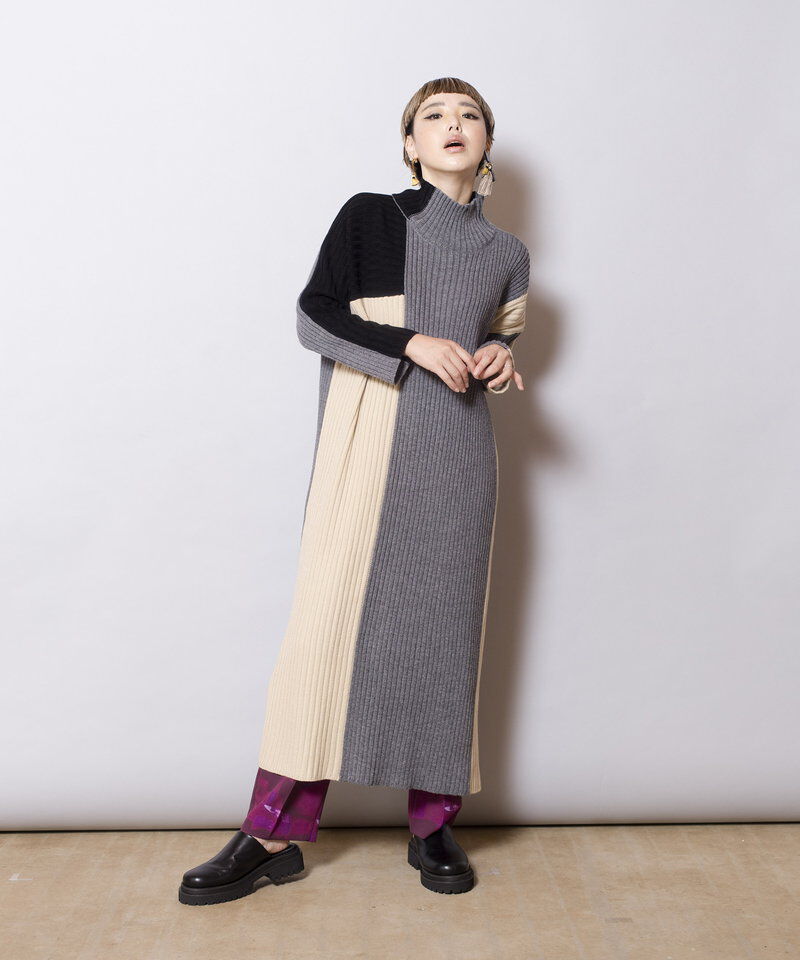  「配色ハイネックリブニットワンピース」|ワンピース|