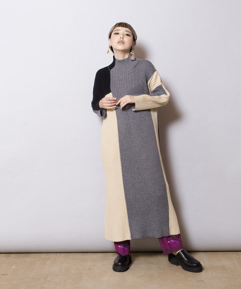  「配色ハイネックリブニットワンピース」|ワンピース|