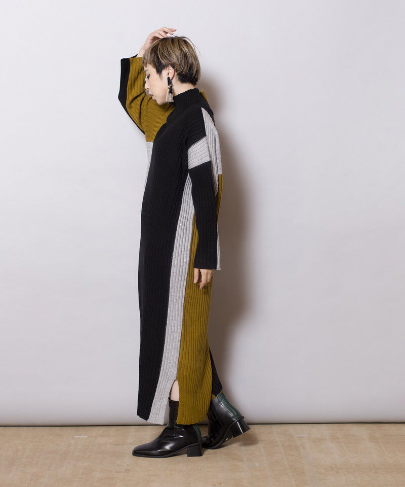  「配色ハイネックリブニットワンピース」|ワンピース|