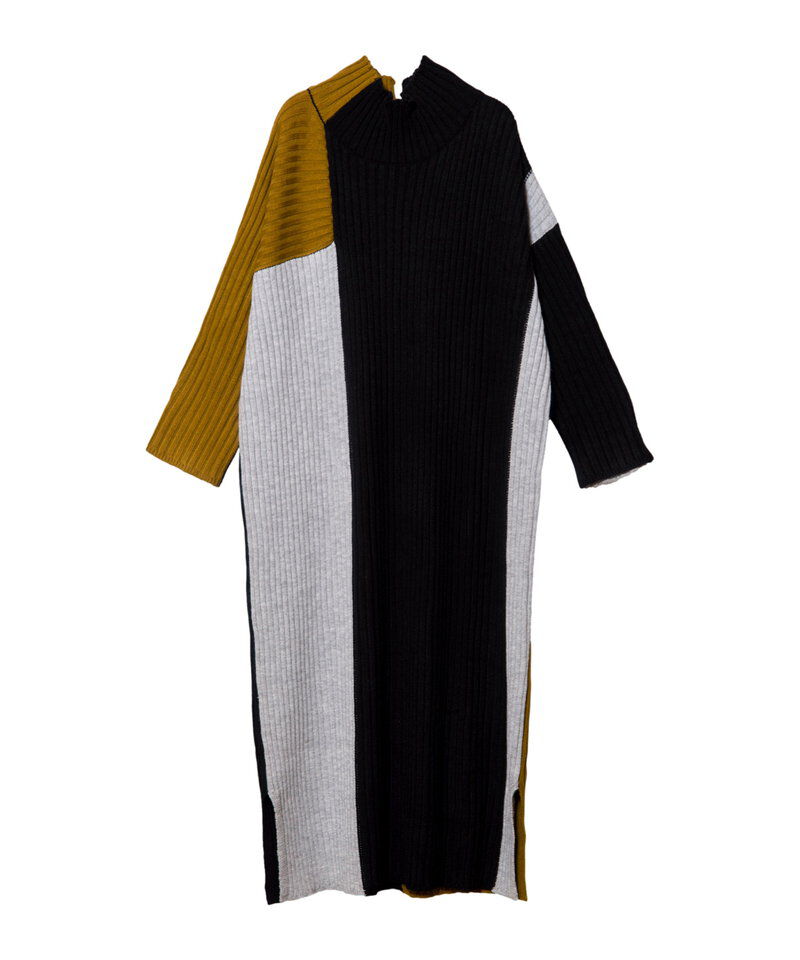  「配色ハイネックリブニットワンピース」|ワンピース|