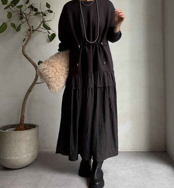  「【WEB限定】ウエストドロストドッキングワンピース」|ワンピース|チャコールグレー