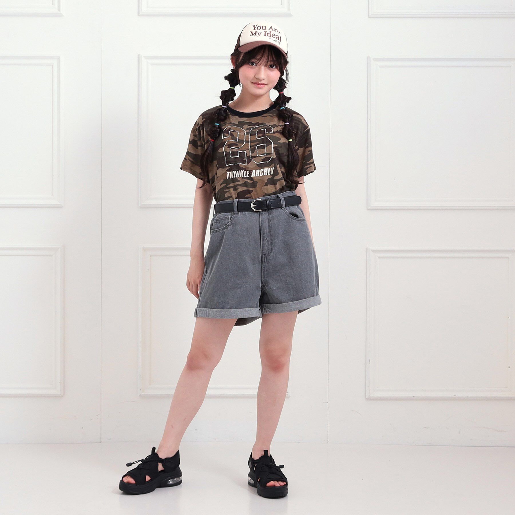 PINK-latte「ベルト付きデニムショートパンツ」|キュロット|