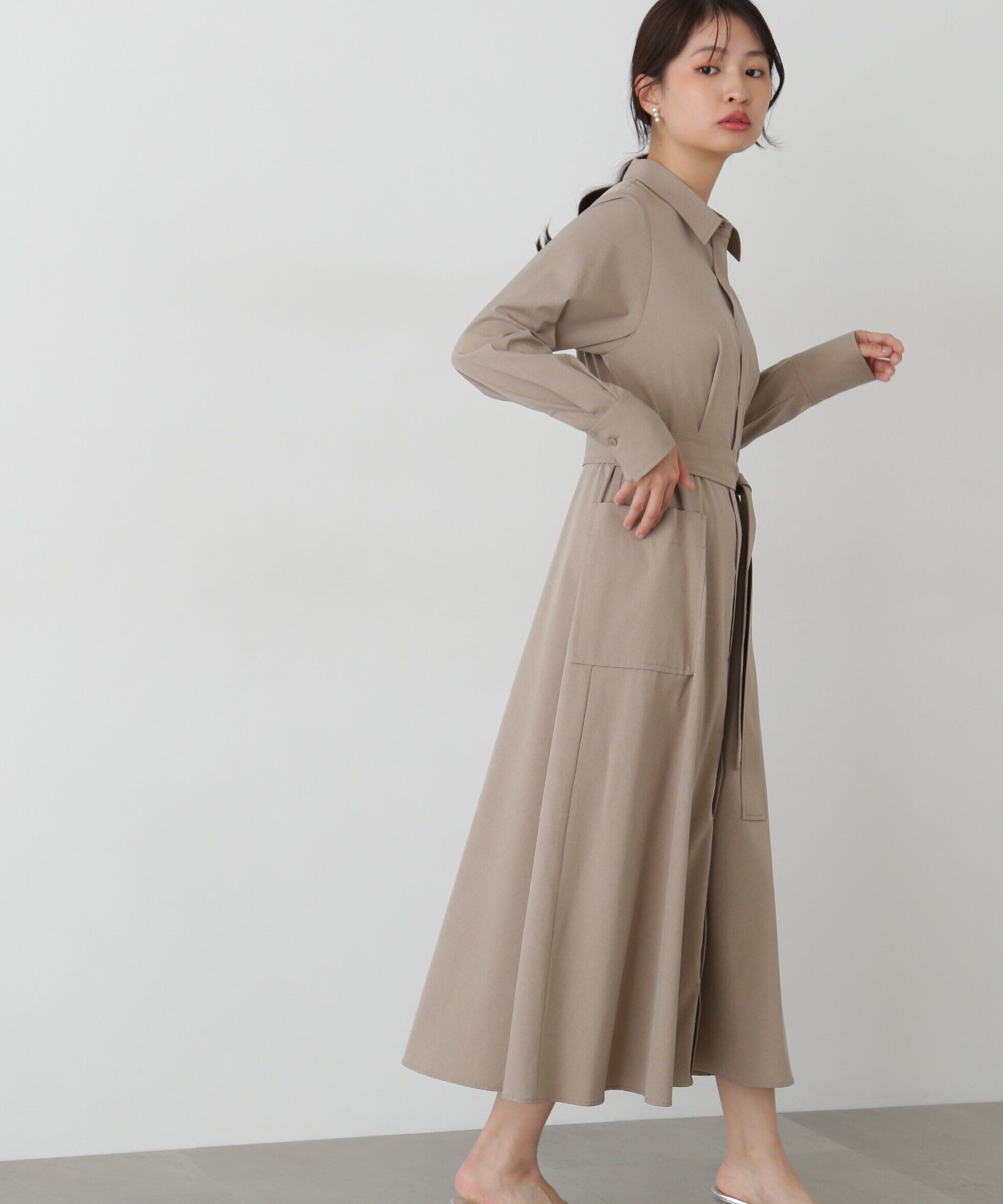  「リボンベルト付きシャツワンピース」|ワンピース|ベージュ