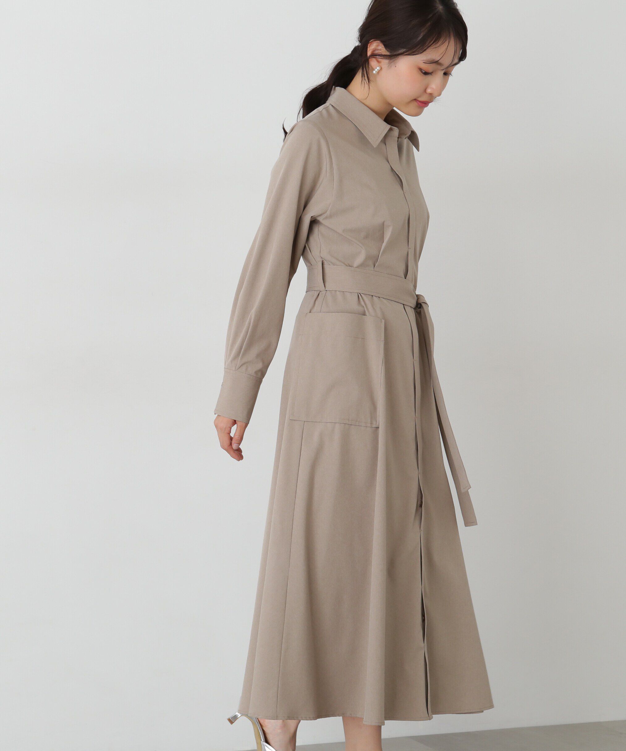  「リボンベルト付きシャツワンピース」|ワンピース|