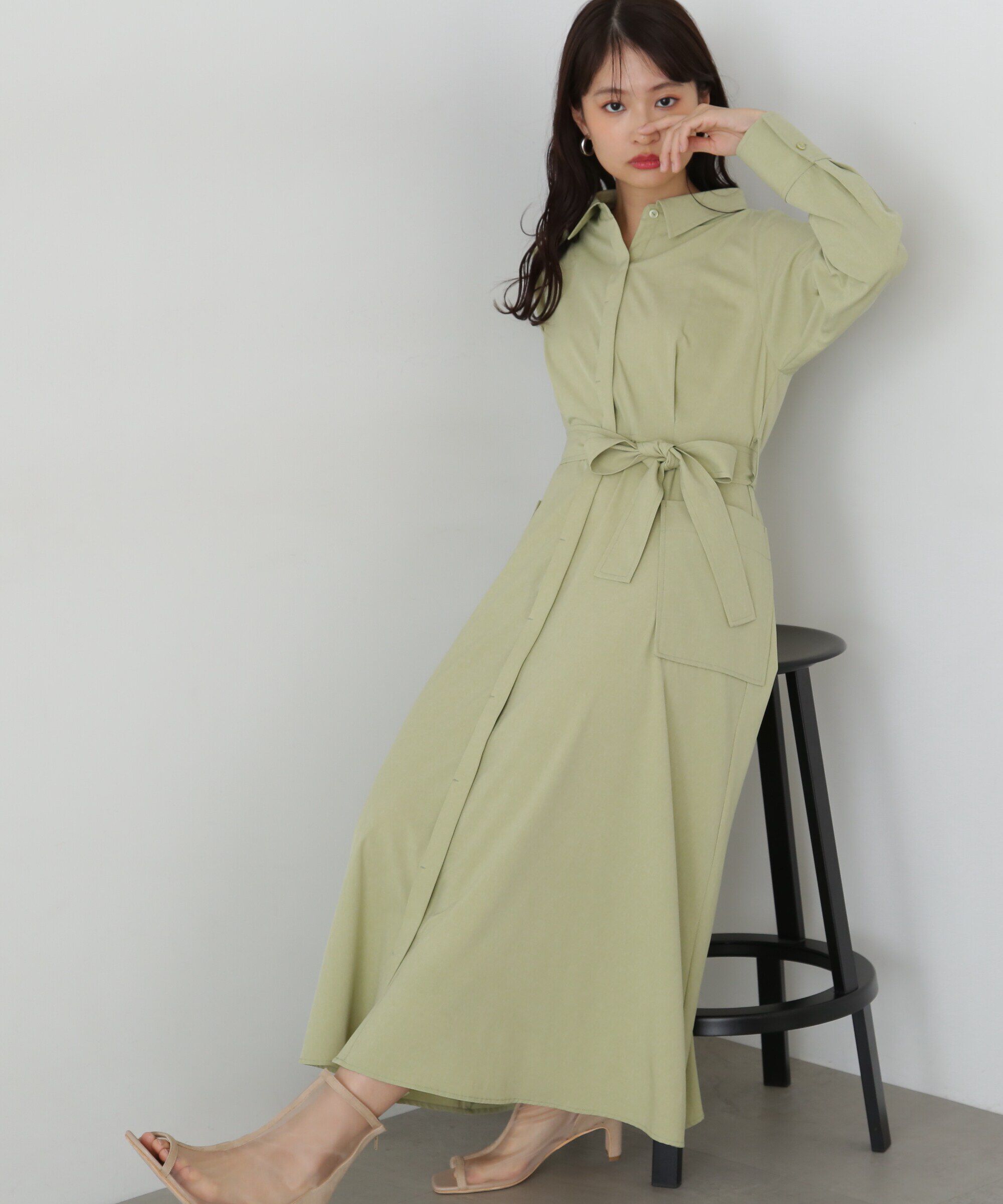  「リボンベルト付きシャツワンピース」|ワンピース|