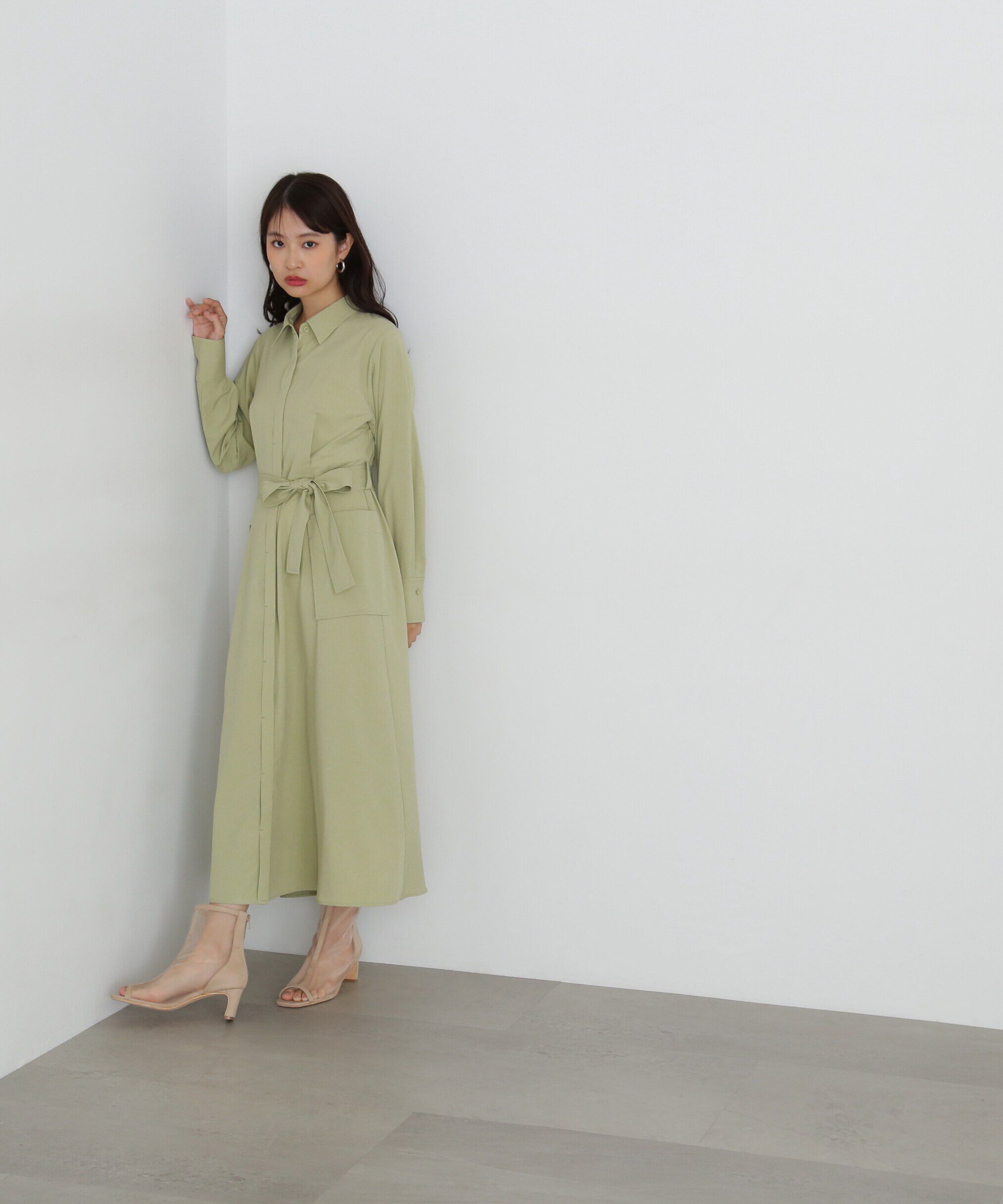  「リボンベルト付きシャツワンピース」|ワンピース|