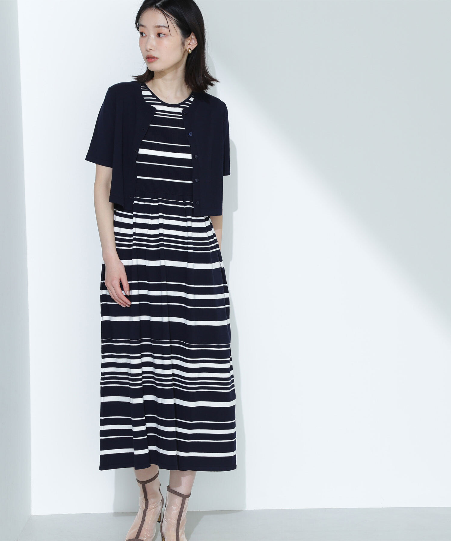 「アンサンブルボーダーニットワンピース」|ワンピース|ネイビー&times;オ  2