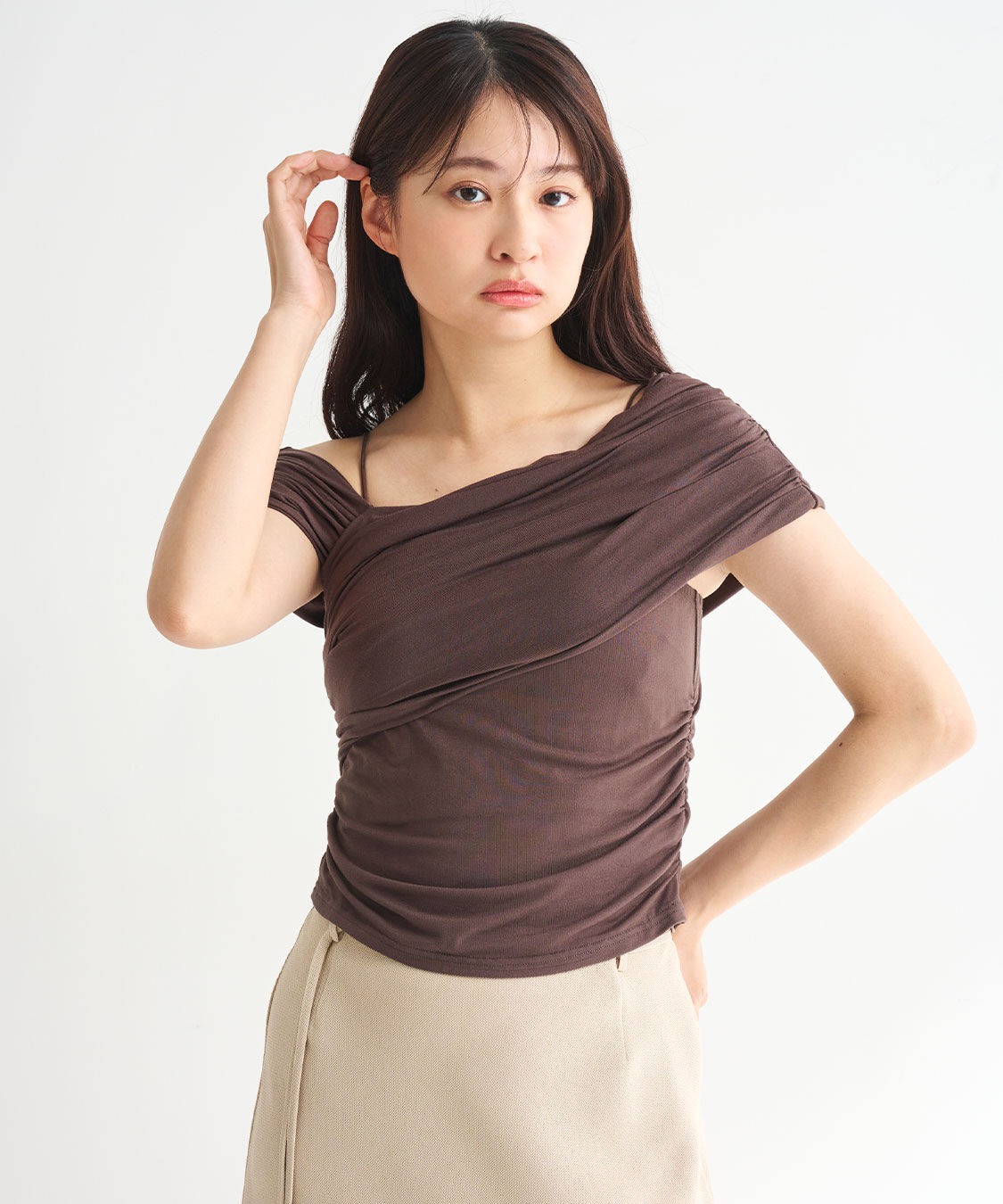 COCO DEAL「アシメギャザーカットソーブラウス」|Tシャツ・カットソー|