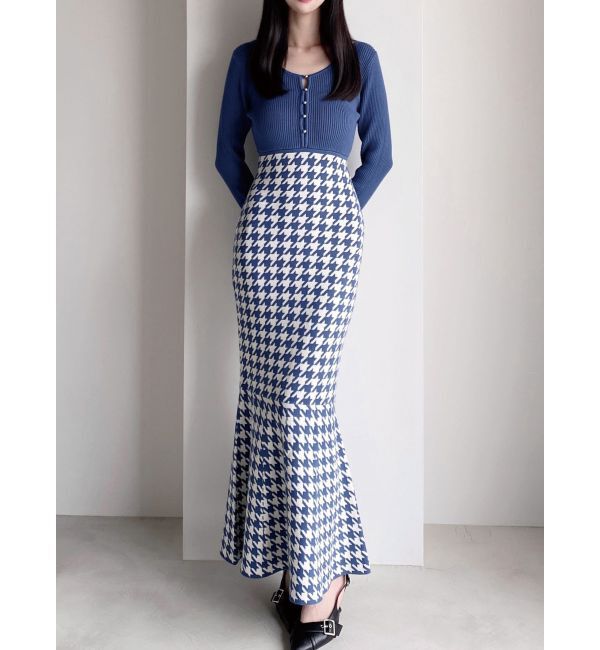 RESEXXY「ハウンドトゥースマーメイドニットワンピース」|ワンピース|ブルー