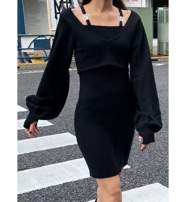 EMODA「ショルダーチェーンレイヤーニットワンピース」|ワンピース|ブラック