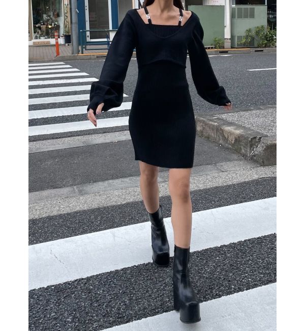 EMODA「ショルダーチェーンレイヤーニットワンピース」|ワンピース|