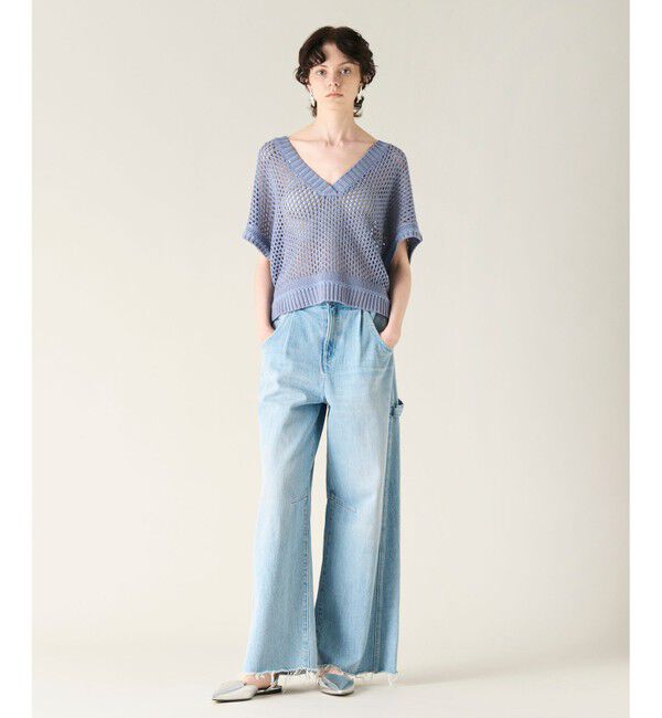 GRACE CONTINENTAL「メッシュVネックニットトップ」|ニット・セーター|ブルー