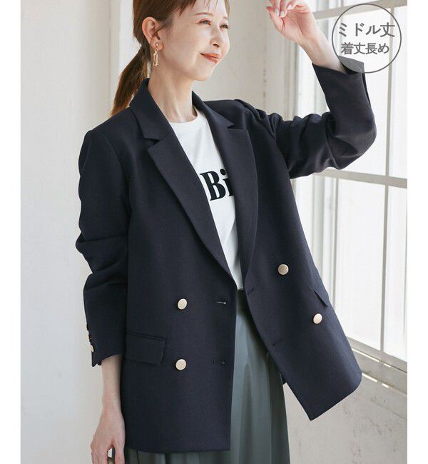 Rope&rsquo;Picnic「【WEB限定・ミドル丈】レディハンサムシリーズ ウールライク金ボタンジャケット(半裏地)/通勤対応」|テーラードジャケット|ネイビー(40)