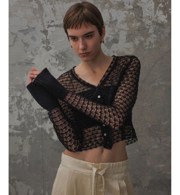 ADAM ET ROPE'「【EMOELLE】透かし編みカーディガン」|カーディガン|ブラック(01)