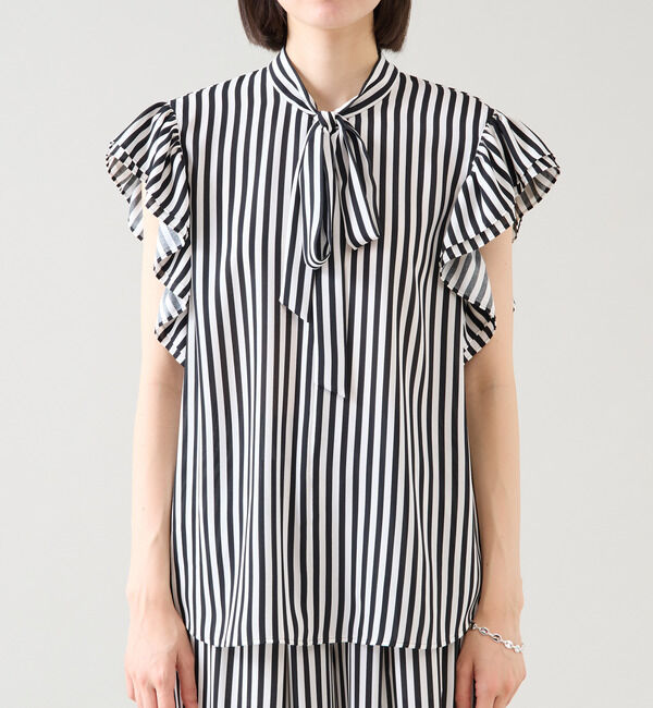 TIARA「ストライププリントフリルスリーブボウタイブラウス」|シャツ・ブラウス|