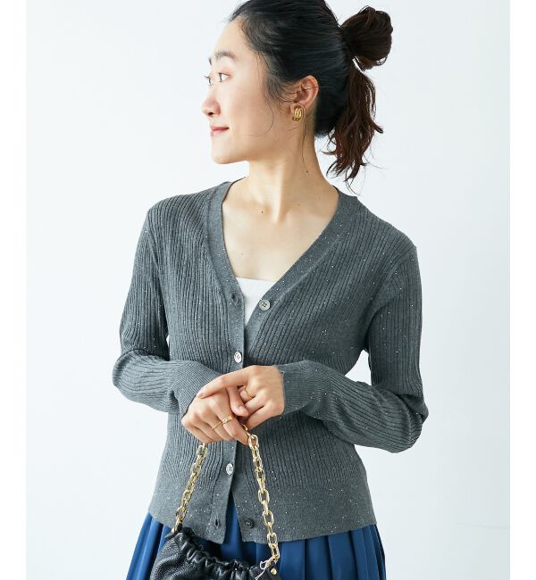  「《手洗い可能》スパンコールリブVネックカーディガン」|カーディガン|