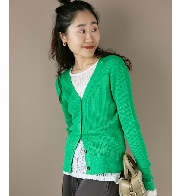  「《手洗い可能》スパンコールリブVネックカーディガン」|カーディガン|