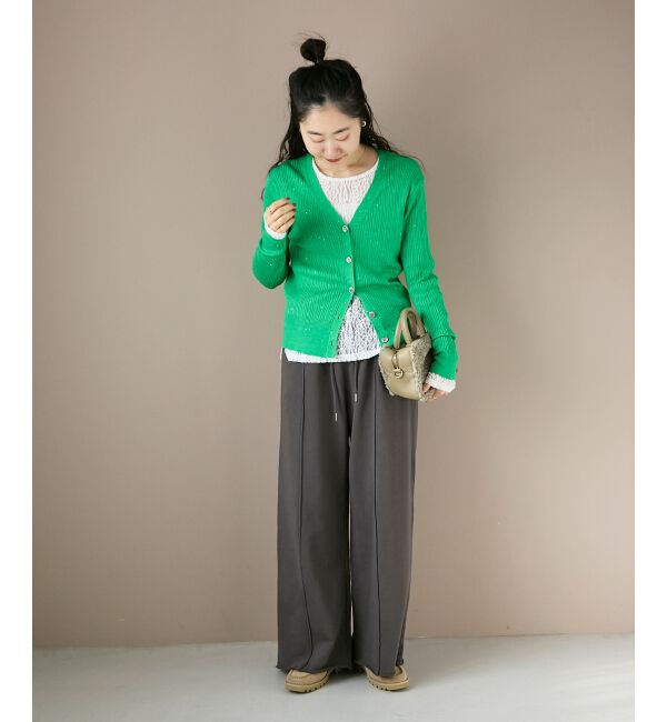  「《手洗い可能》スパンコールリブVネックカーディガン」|カーディガン|
