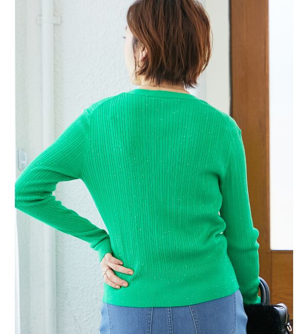  「《手洗い可能》スパンコールリブVネックカーディガン」|カーディガン|