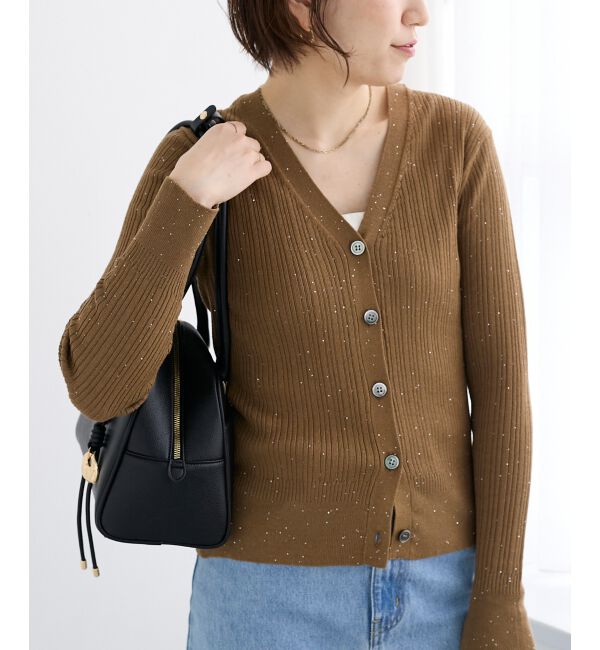  「《手洗い可能》スパンコールリブVネックカーディガン」|カーディガン|