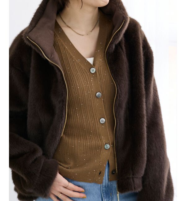  「《手洗い可能》スパンコールリブVネックカーディガン」|カーディガン|