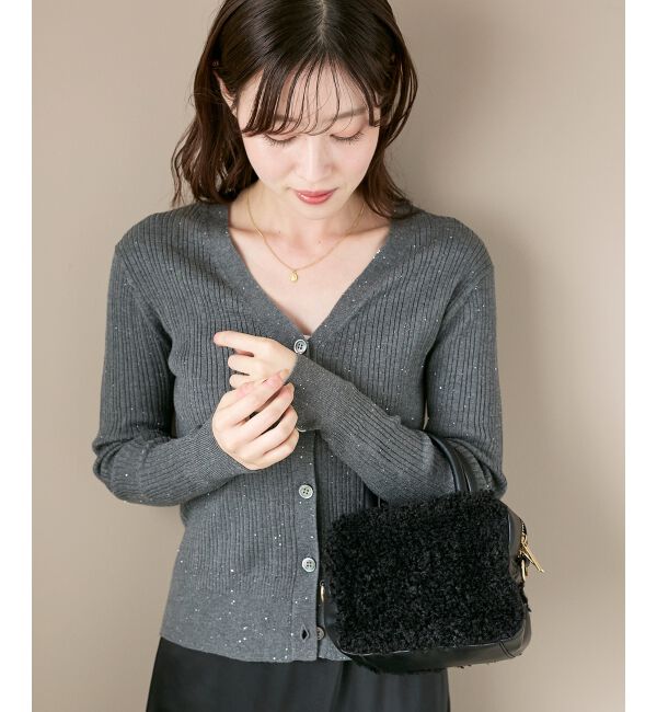  「《手洗い可能》スパンコールリブVネックカーディガン」|カーディガン|